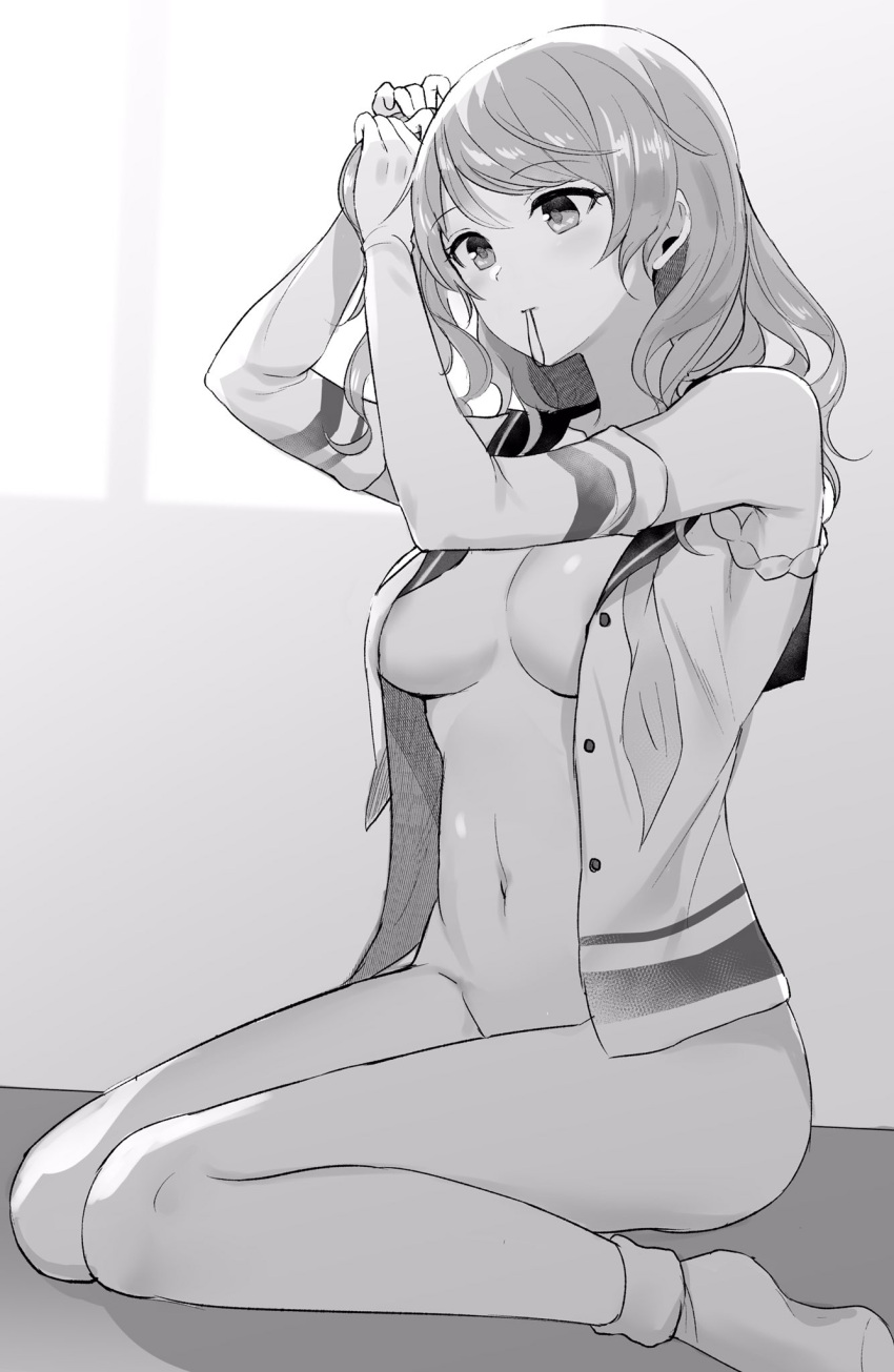 1girl, adjusting_hair, ass, blush, breasts, buttons, elbow_gloves, eyebrows_visible_through_hair