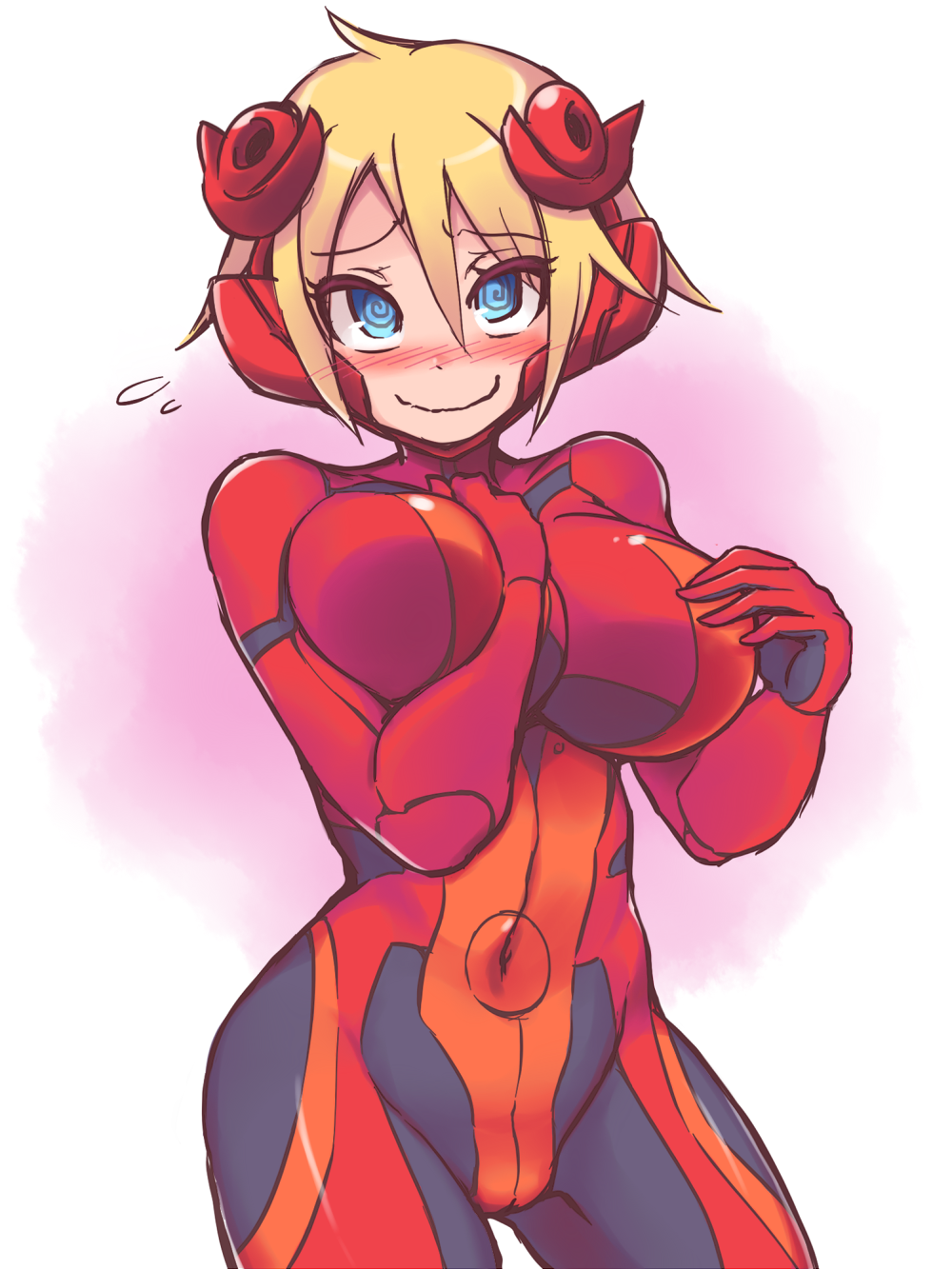 1girl, @_@, arm_between_breasts, between_breasts, blonde_hair, blue_eyes, blush, bodysuit, breasts, closed_mouth, covered_navel, cowboy_shot, disgaea, embarrassed, gloves, hair_between_eyes, headpiece, highres, impossible_bodysuit, impossible_clothes, large_breasts, looking_at_viewer, makai_senki_disgaea_6, nijino_piyori, nisemono_faker, red_bodysuit, red_gloves, short_hair, skin_tight, smile, solo