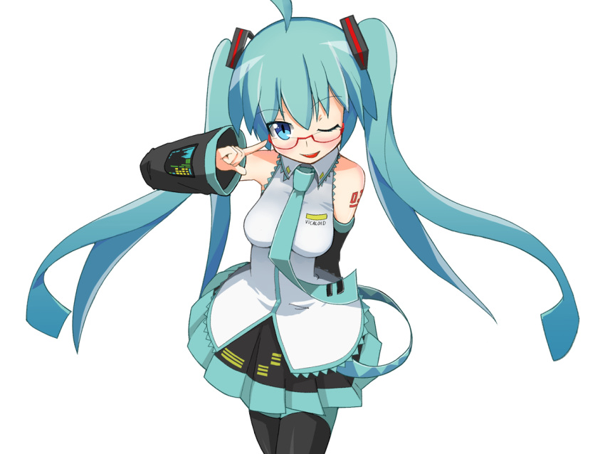 1girl, ahoge, aqua_eyes, aqua_hair, aqua_neckwear, arm_behind_back, bare_shoulders, bespectacled