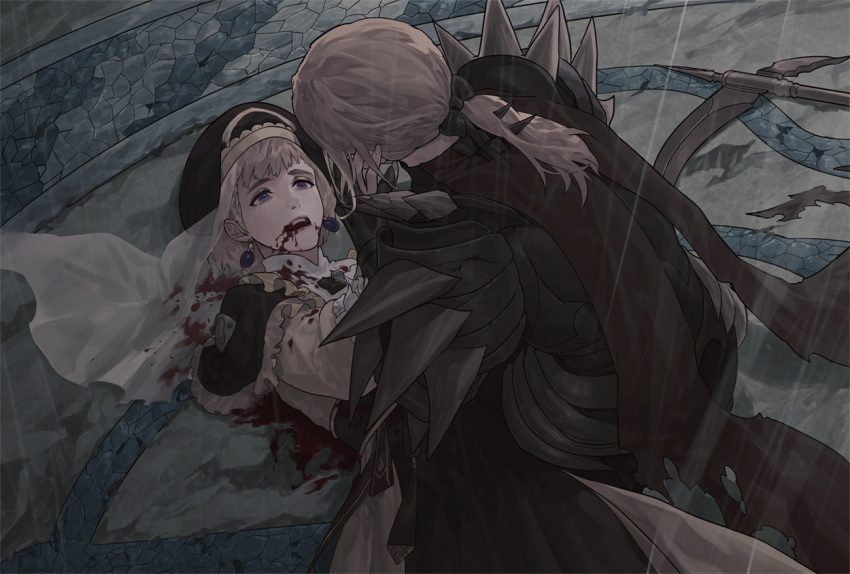 1boy, 1girl, armor, blonde_hair, blood, brother_and_sister, byuub, earrings, fire_emblem, fire_emblem:_three_houses, from_behind, hat, jeritza_von_hrym, jewelry, long_hair, long_sleeves, mercedes_von_martritz, open_mouth, ponytail, short_hair, siblings
