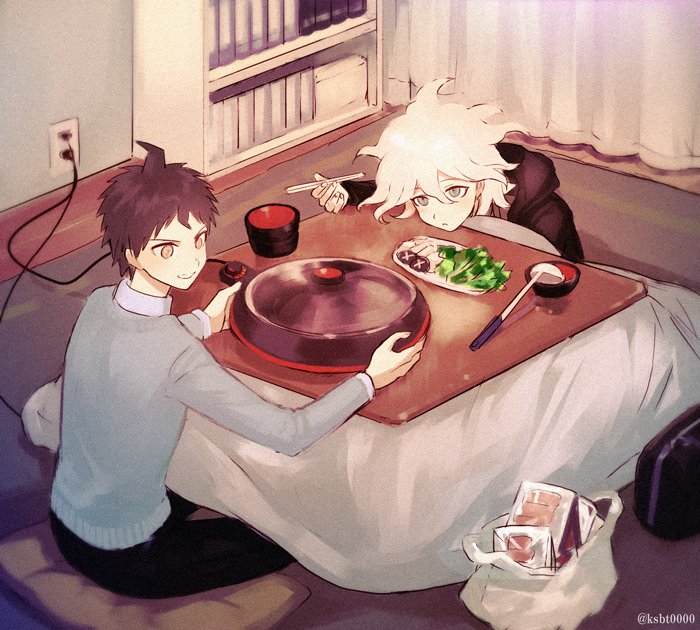 2boys, ahoge, bag, black_hoodie, black_pants, blush, book, bookshelf