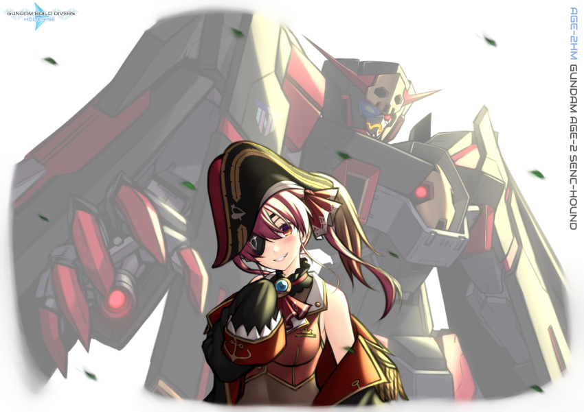 1girl, ascot, black_jacket, blush, breasts, character_name, eyepatch, floating_hair