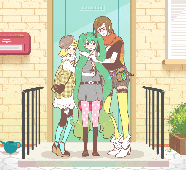 aqua_hair, bad_id, bag, blonde_hair, blue_legwear, bow, brown_hair, casual