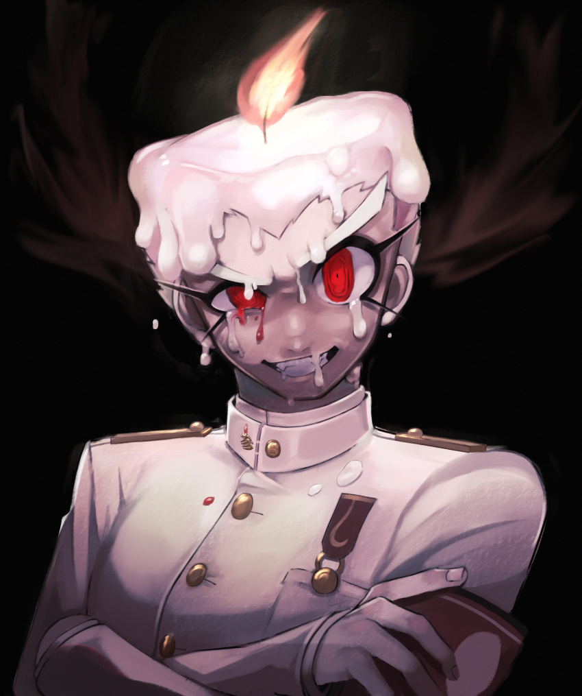 1boy, absurdres, bangs, black_background, blood, bloody_tears, commentary_request, crossed_arms