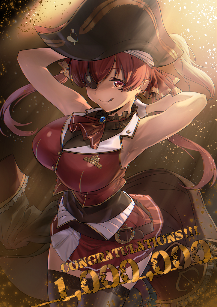 1girl, :q, armpits, black_legwear, breasts, eyepatch, hat, hololive