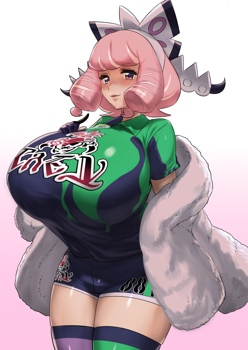 1girl, absurdres, asymmetrical_legwear, bow, breasts, earrings, fur_coat, gradient