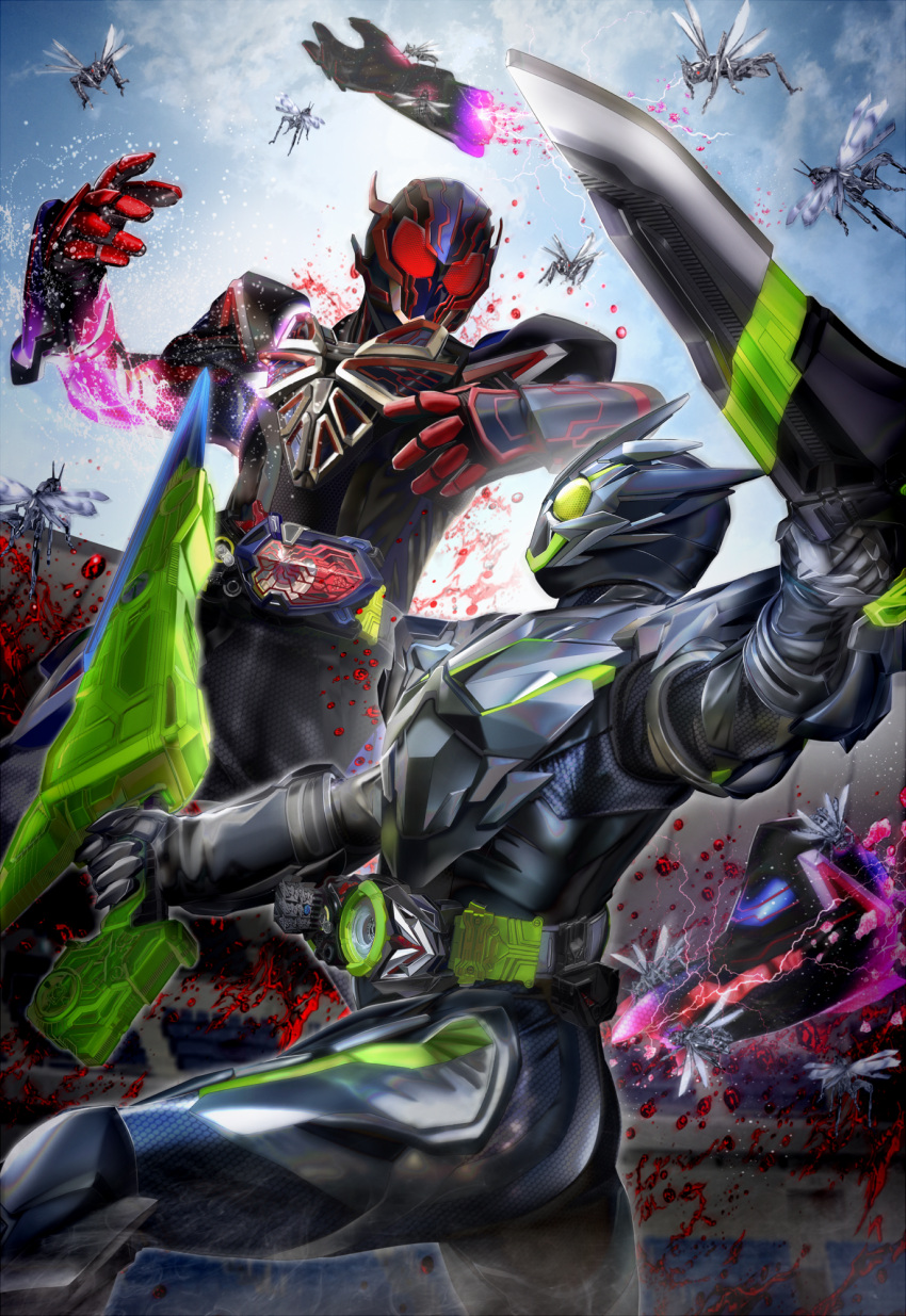 2boys, blood, clenched_hands, clouds, dual_wielding, fighting, helmet, highres