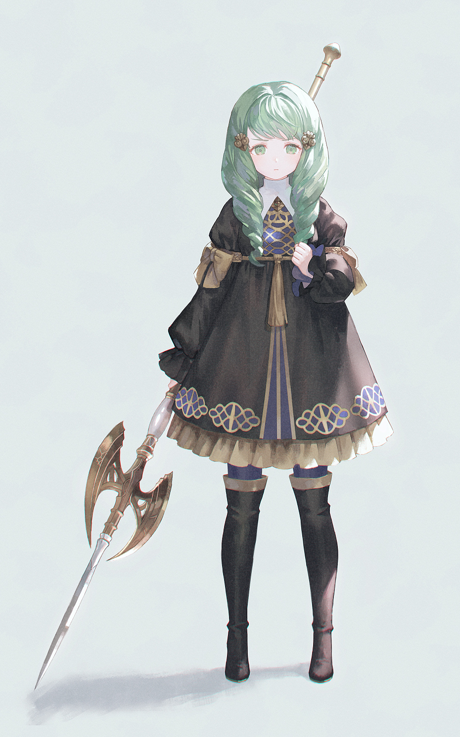 1girl, boots, clenched_hand, closed_mouth, eotyq58d6do16cs, fire_emblem, fire_emblem:_three_houses, flayn_(fire_emblem), full_body, garreg_mach_monastery_uniform, green_eyes, green_hair, grey_background, hair_ornament, hairclip, highres, holding, holding_weapon, lance, looking_at_viewer, polearm, solo, thigh-highs, thigh_boots, weapon