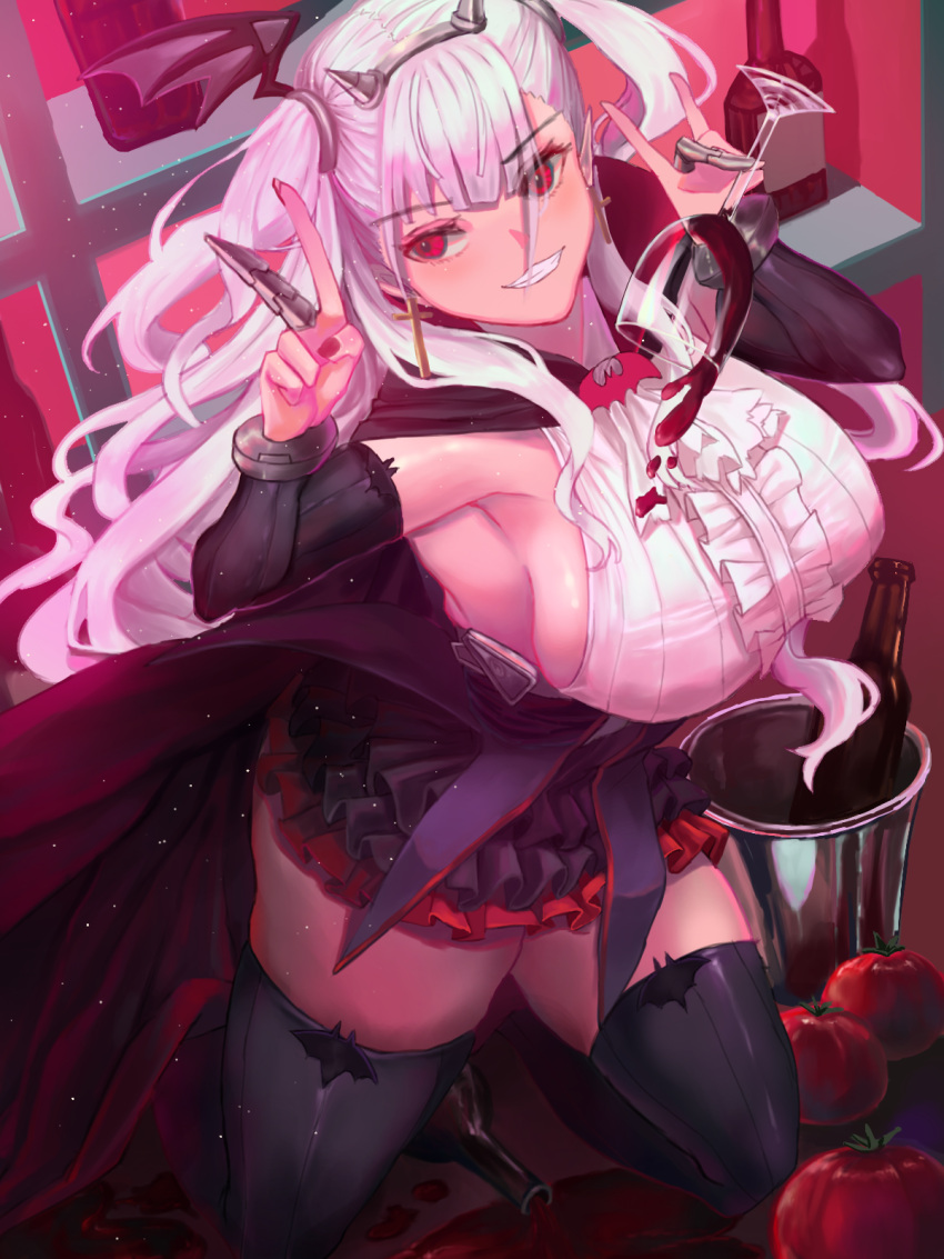 1girl, alcohol, bangs, breasts, cape, cross, cross_earrings, cup