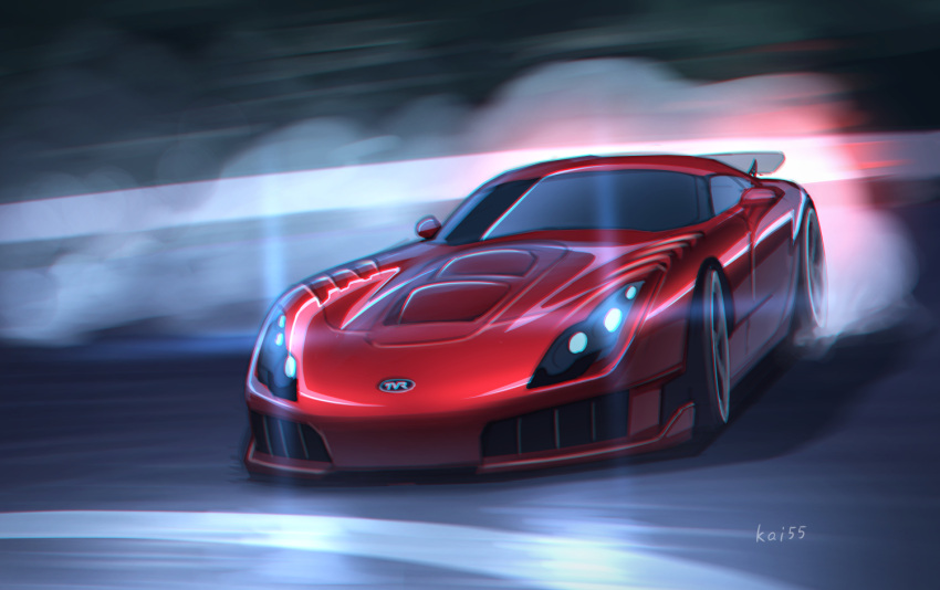artist_name, car, drifting, glowing, ground_vehicle, headlight, kai55, logo, motion_blur, motor_vehicle, no_humans, original, spoiler_(automobile), tvr, tvr_sagaris, vehicle_focus