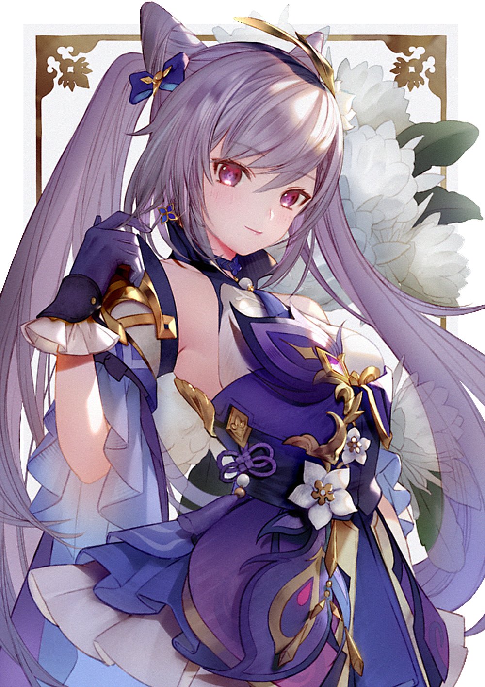 1girl, bangs, bare_shoulders, blush, bow, breasts, closed_mouth, cowboy_shot, detached_sleeves, double_bun, dress, earrings, eyebrows_visible_through_hair, flower, frilled_dress, frilled_gloves, frilled_sleeves, frills, genshin_impact, gloves, hair_bow, hair_ornament, hand_up, highres, jewelry, jpeg_artifacts, keqing_(genshin_impact), layered_dress, long_hair, looking_at_viewer, nido_celisius, purple_bow, purple_dress, purple_gloves, purple_hair, short_sleeves, small_breasts, smile, solo, swept_bangs, twintails, very_long_hair, violet_eyes, white_flower, wide_sleeves