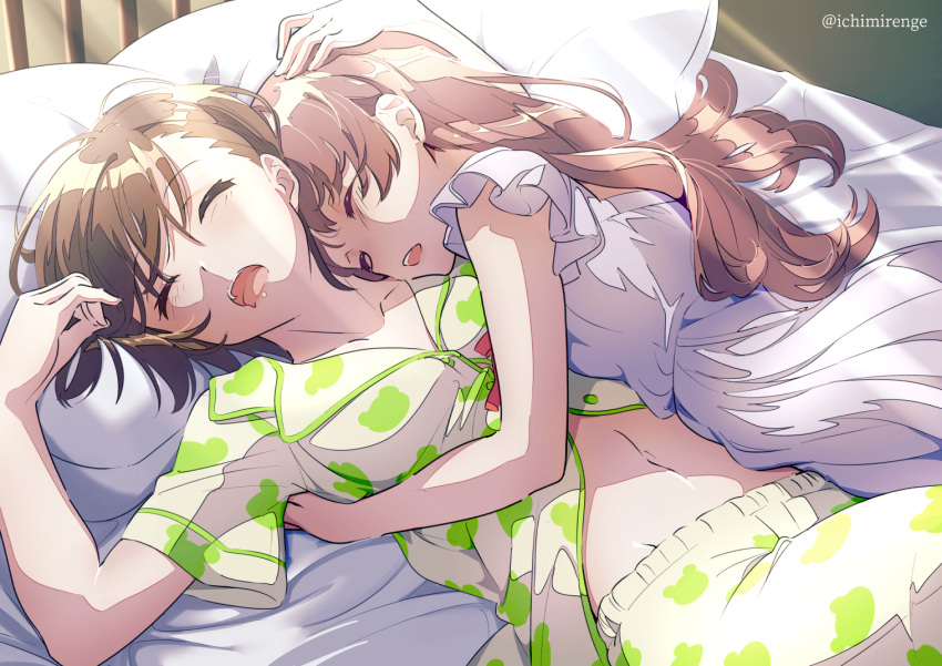 2girls, artist_name, bed, bed_sheet, bob_cut, brown_hair, closed_eyes, commentary