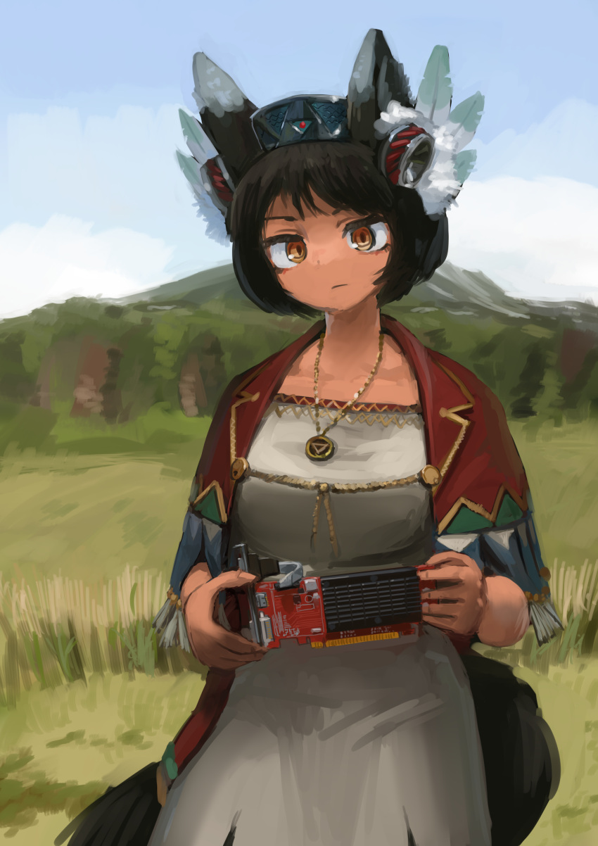 1girl, absurdres, animal_ears, bangs, black_hair, brown_eyes, capelet, dark_skin