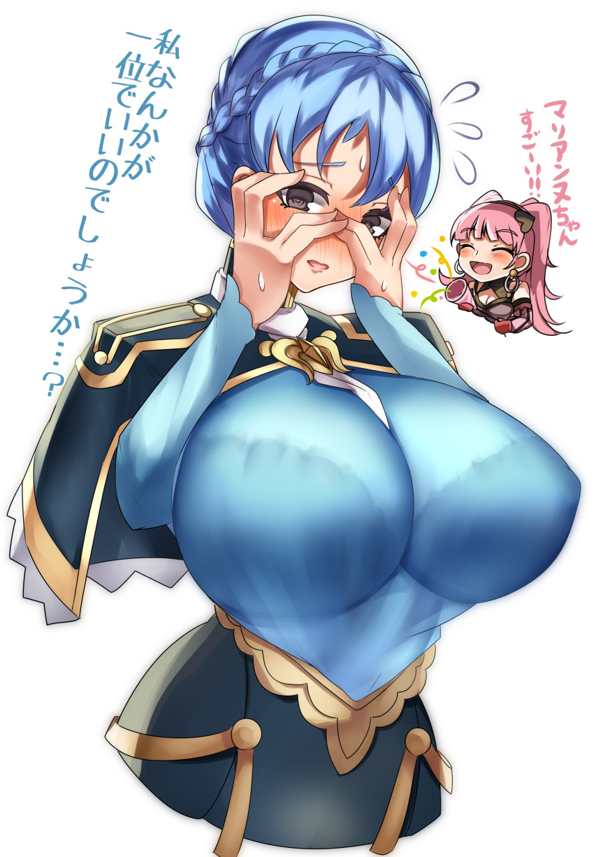 2girls, absurdres, blue_dress, blue_hair, blush, braid, breasts, crown_braid