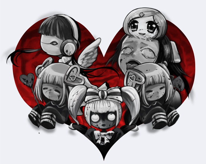 5girls, :d, ahegao, bangs, black_shirt, blood, blood_on_face, bloody_clothes