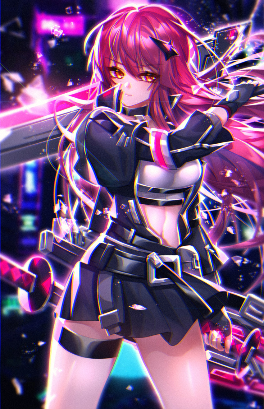 1girl, absurdres, bangs, been, belt, belt_buckle, black_belt, black_gloves