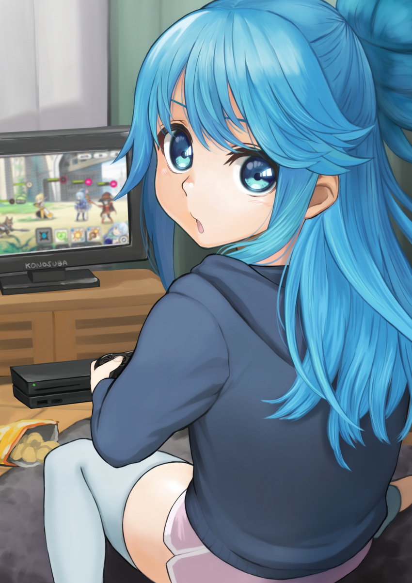 1girl, aqua_(konosuba), bangs, blue_eyes, blue_hair, chips, contemporary, controller