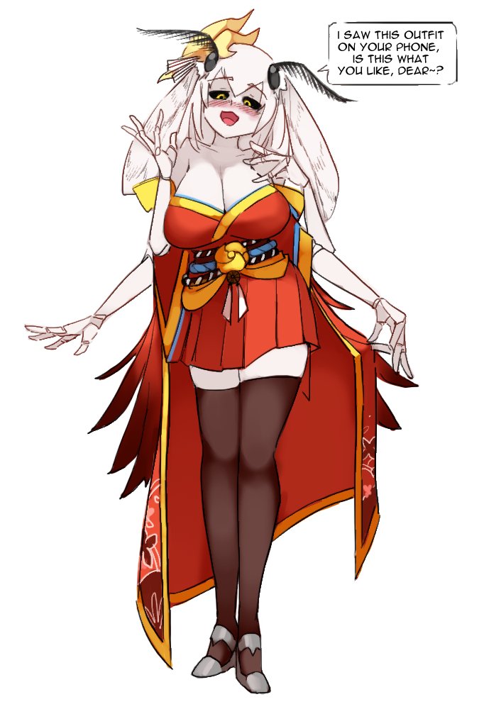 1girl, :d, antennae, azur_lane, bare_shoulders, black_legwear, black_sclera, blush