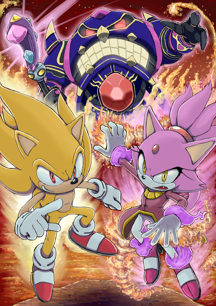 1boy, 1girl, absurdres, animal_ears, aura, blaze_the_cat, burning_blaze, cat_ears