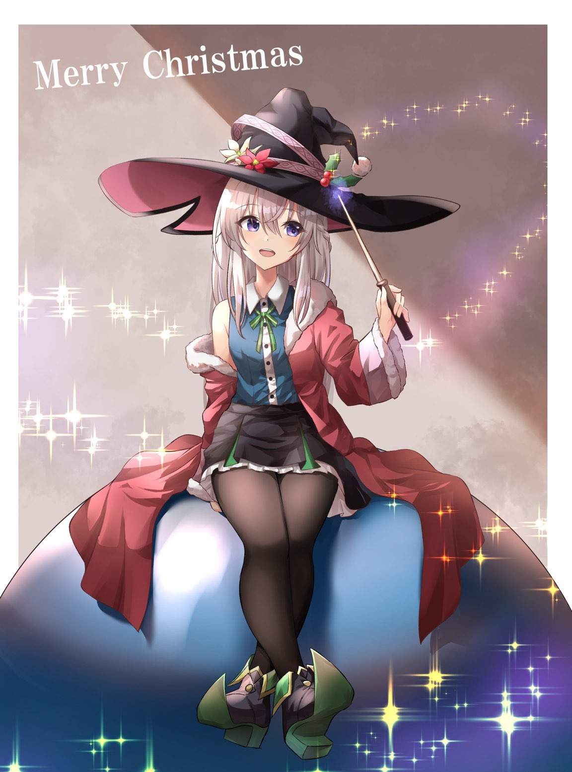 1girl, bangs, black_headwear, black_legwear, blue_eyes, christmas, elaina_(majo_no_tabitabi), eyebrows_visible_through_hair