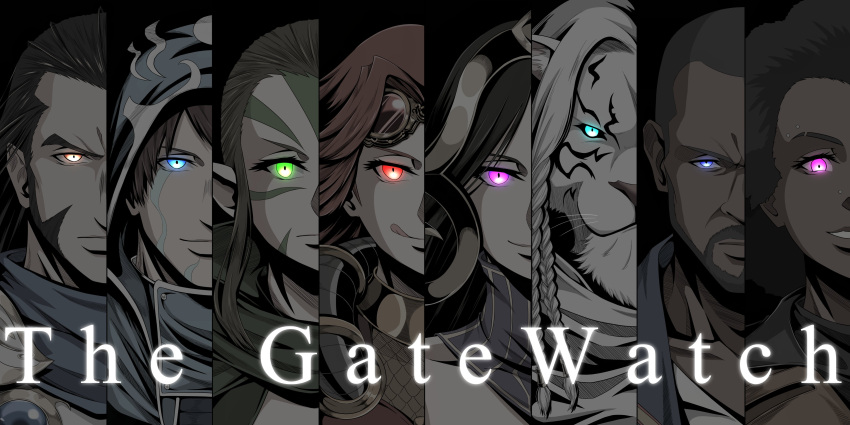 4boys, 4girls, absurdres, afro, ajani_goldmane, animal_ears, armor, black_background