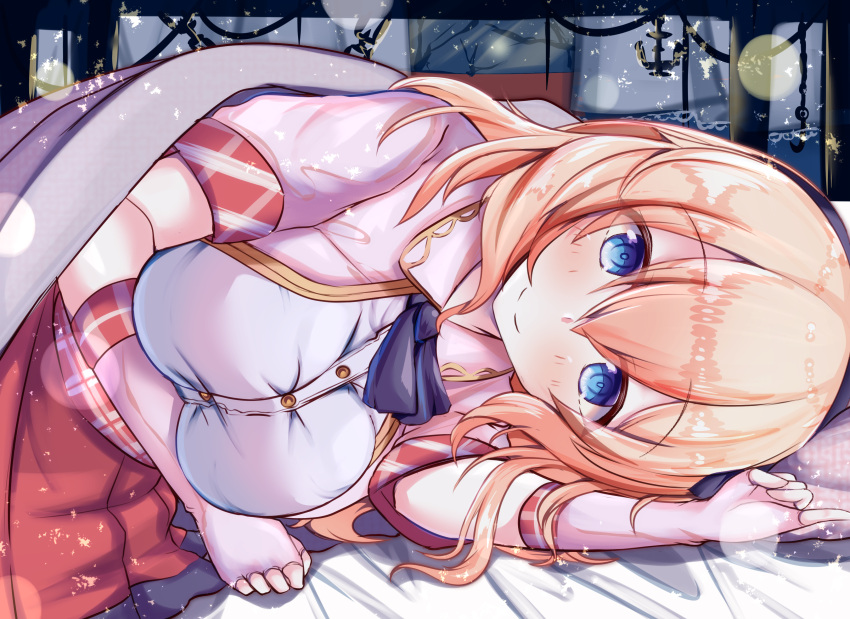 1girl, absurdres, azur_lane, bangs, bed, blanket, blonde_hair, blue_eyes
