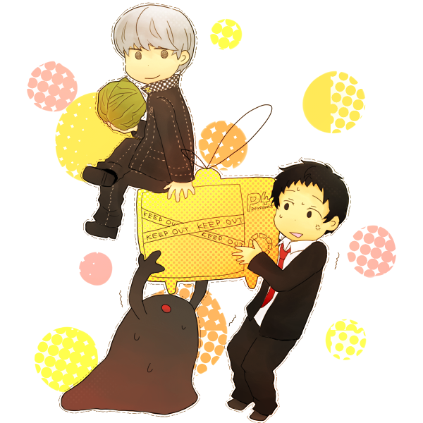 adachi_tohru, atsushi_(skyinthe), bad_id, black_hair, cabbage, caution_tape, grey_hair, keep_out, maya_(shadow), narukami_yuu, persona, persona_4, school_uniform, seta_souji, television