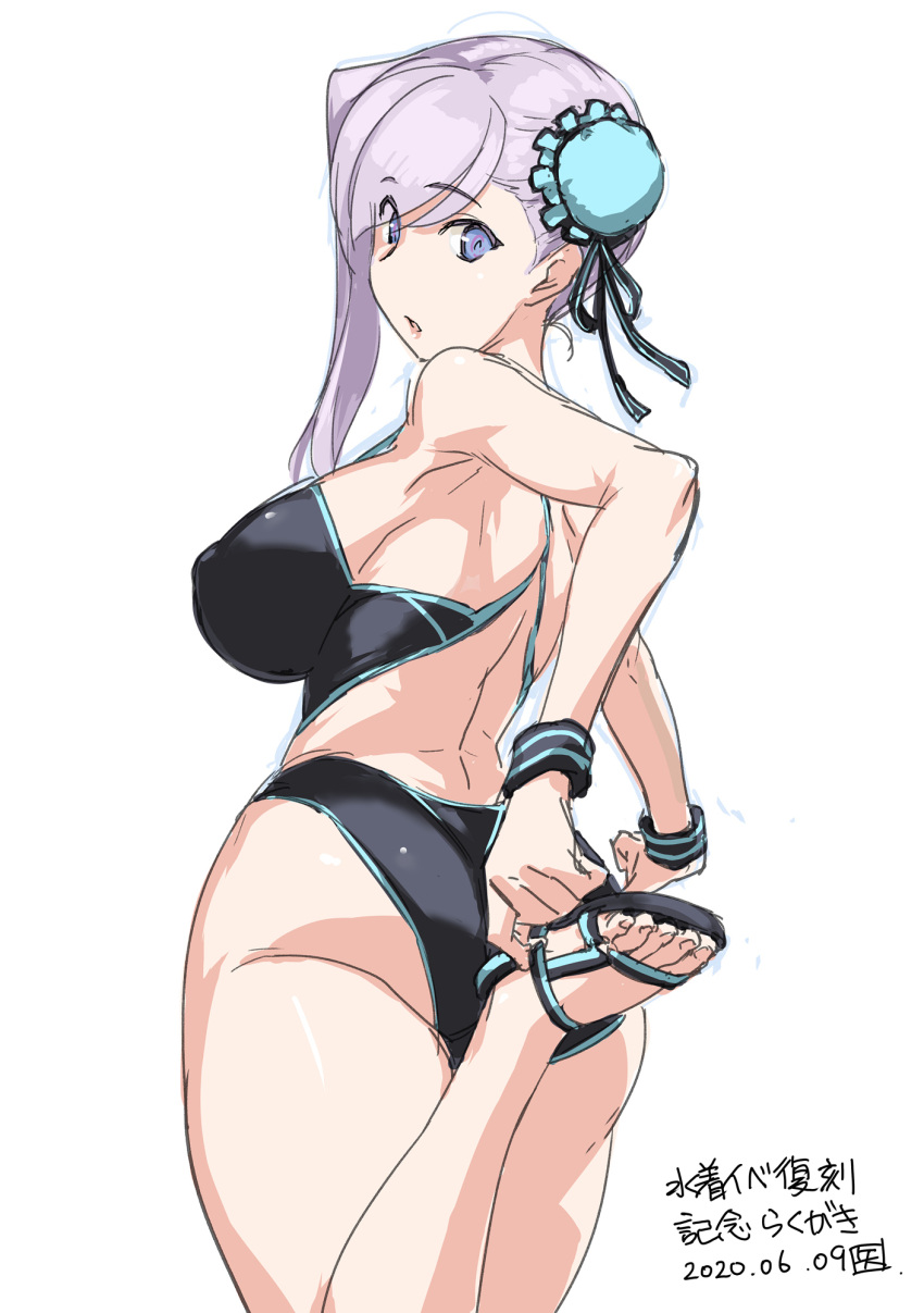 1girl, ass, back, bangs, bare_shoulders, black_swimsuit, blue_eyes, blue_swimsuit