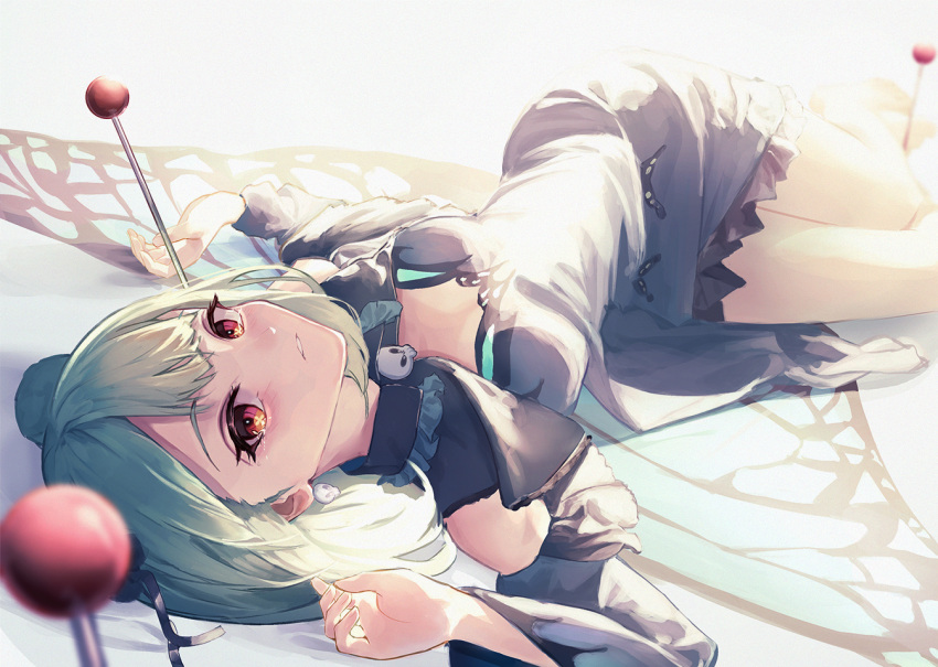 1girl, bangs, bare_legs, blue_dress, blue_sleeves, blurry, butterfly_wings, crying