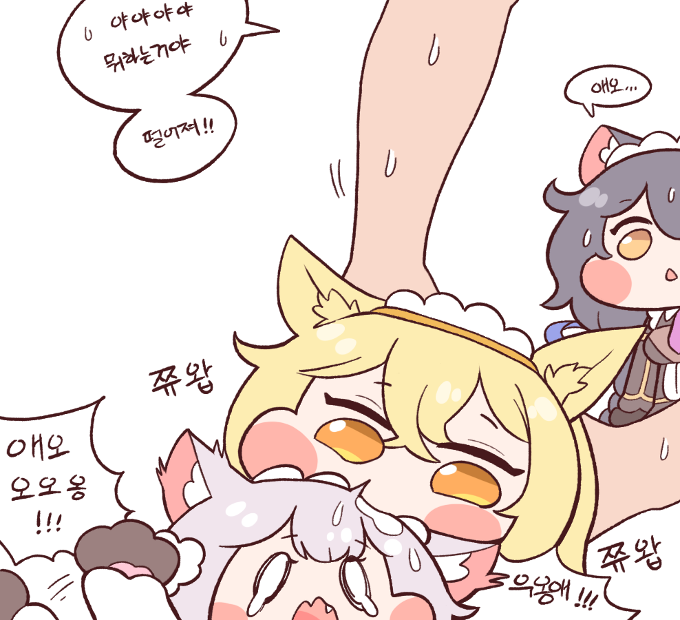 3girls, animal_ear_fluff, animal_ears, blonde_hair, blush, blush_stickers, bulga, cat_ears