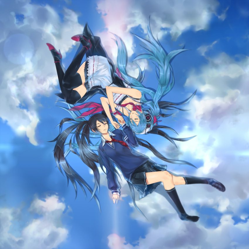 4hands, aqua_hair, black_hair, closed_eyes, dress, dual_persona, frills, hand_holding, hatsune_miku, high_heels, highres, holding_hands, legs, monochro_blue_sky_(vocaloid), monochrome_blue_sky_(vocaloid), necktie, rotational_symmetry, school_uniform, shoes, skirt, sky, sweater, thigh-highs, thighhighs, twintails, vocaloid