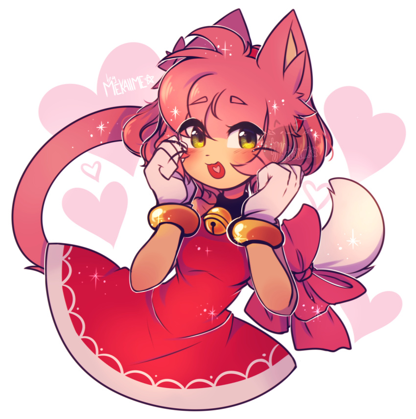 1girl, :3, :d, alternate_species, amy_rose, animal_ears, artist_name, blush, bow, breasts, cat, cat_ears, cat_girl, cat_tail, dress, english_commentary, eyebrows_visible_through_hair, furry, gijinka, gloves, hairband, heart, highres, medium_breasts, mekaiime, open_mouth, pink_bow, pink_hair, red_dress, red_hairband, simple_background, smile, solo, sonic_(series), tail, upper_body, whiskers, white_background, white_gloves, yellow_eyes