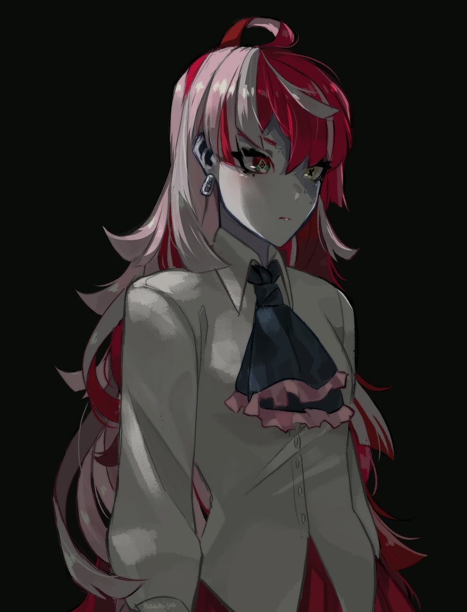 1girl, ahoge, alternate_costume, alternate_hairstyle, ascot, backlighting, black_background, blush, cosplay, earrings, eyelashes, formal, frilled_ascot, frills, hair_down, heterochromia, highres, hololive, hololive_indonesia, ib, ib_(ib), ib_(ib)_(cosplay), jewelry, kureiji_ollie, lips, long_hair, messy_hair, multicolored_hair, pale_skin, patchwork_skin, pink_hair, raukisu, red_eyes, shirt, simple_background, skirt, solo, two-tone_hair, very_long_hair, virtual_youtuber, white_shirt
