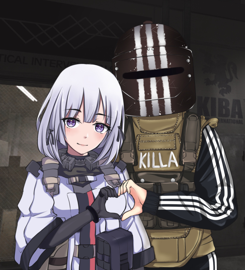 1boy, 1girl, body_armor, escape_from_tarkov, girls_frontline, gloves, hair_ribbon, heart