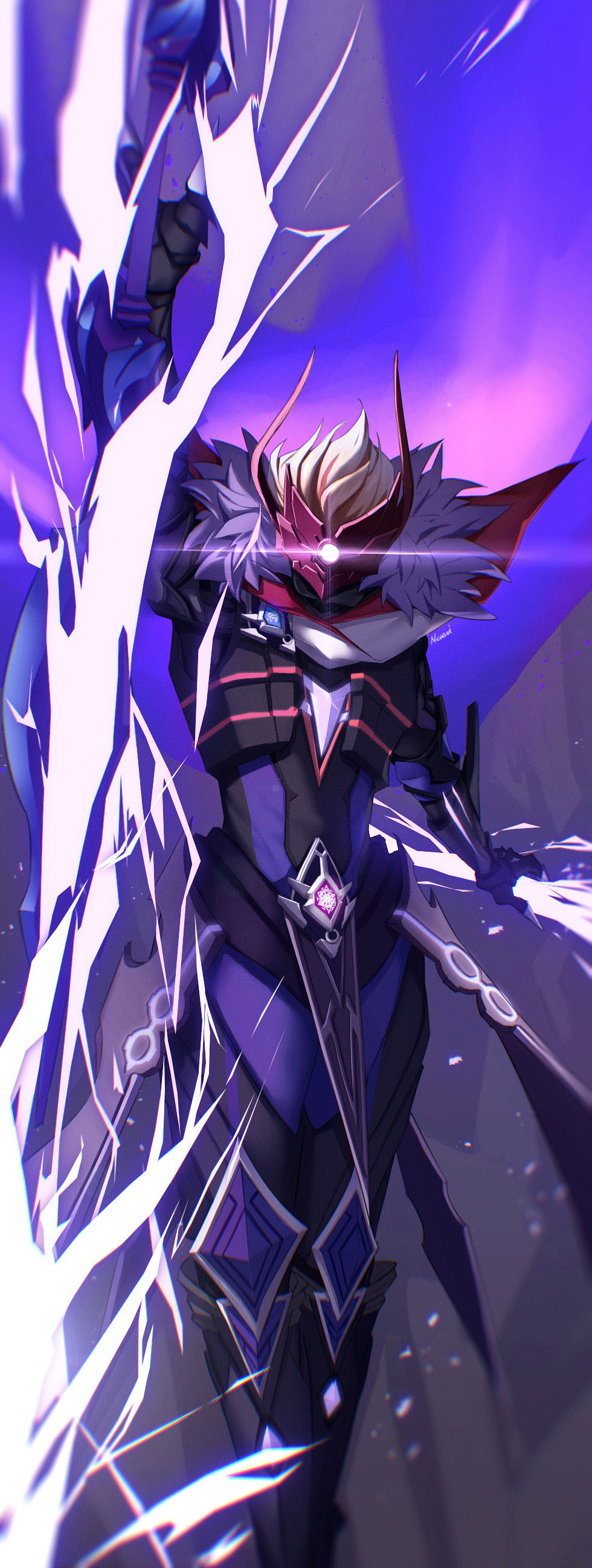 1boy, absurdres, afternoon_pm, armor, aura, full_armor, full_body, fur_trim, genshin_impact, highres, light_particles, light_rays, looking_at_viewer, power_armor, purple_background, solo, tartaglia_(genshin_impact), vision_(genshin_impact)