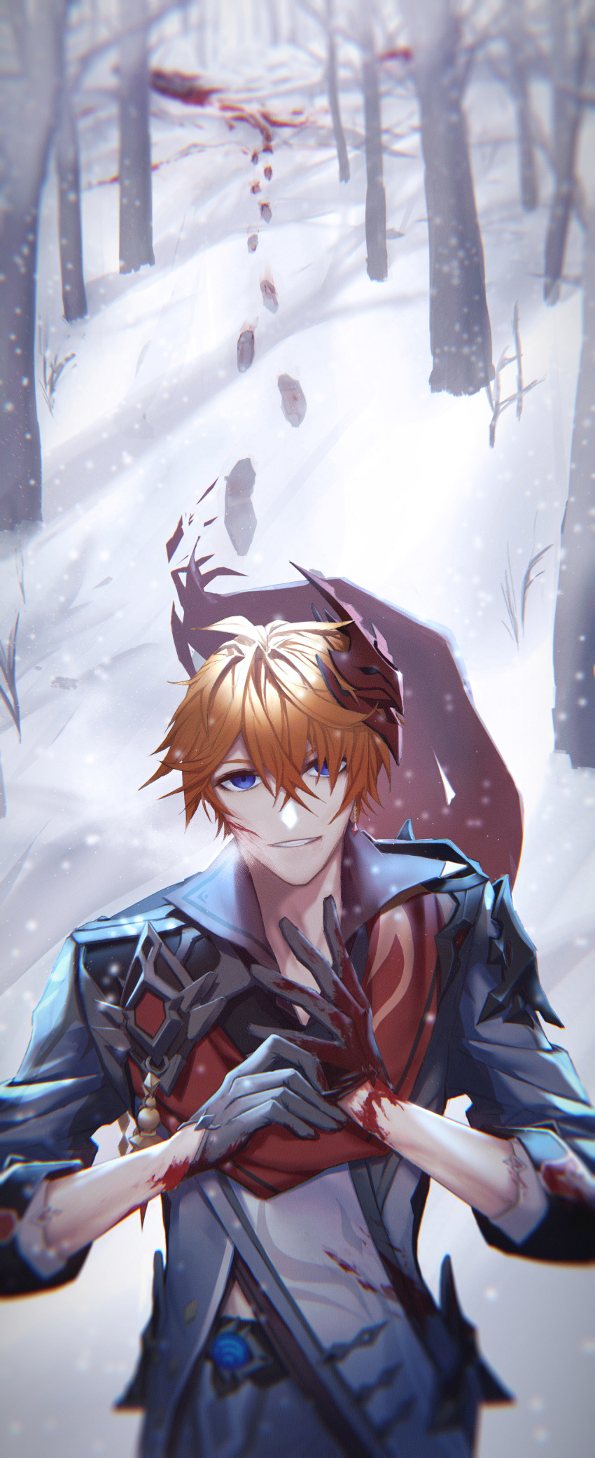 1boy, absurdres, afternoon_pm, blood, blood_stain, blood_trail, bloody_hands, blue_eyes
