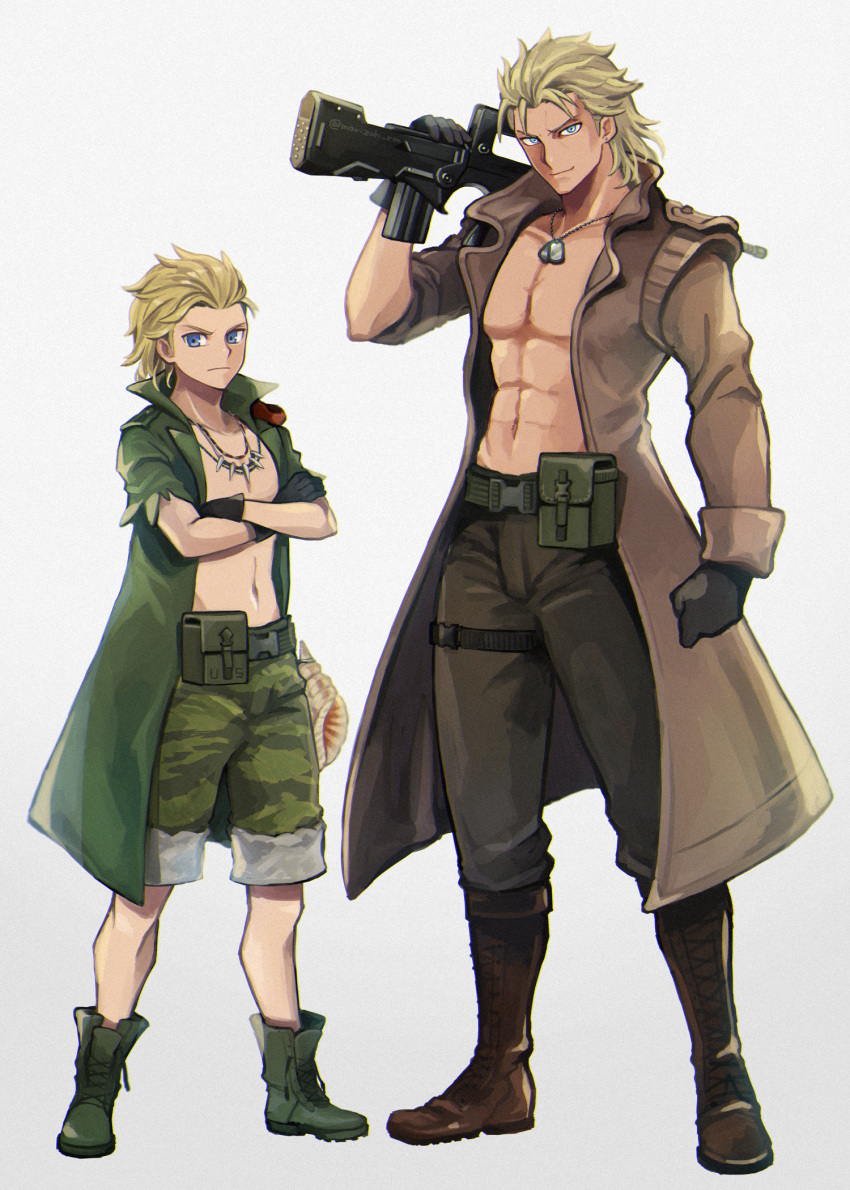 2boys, belt, black_gloves, blonde_hair, blue_eyes, boots, camouflage, camouflage_pants