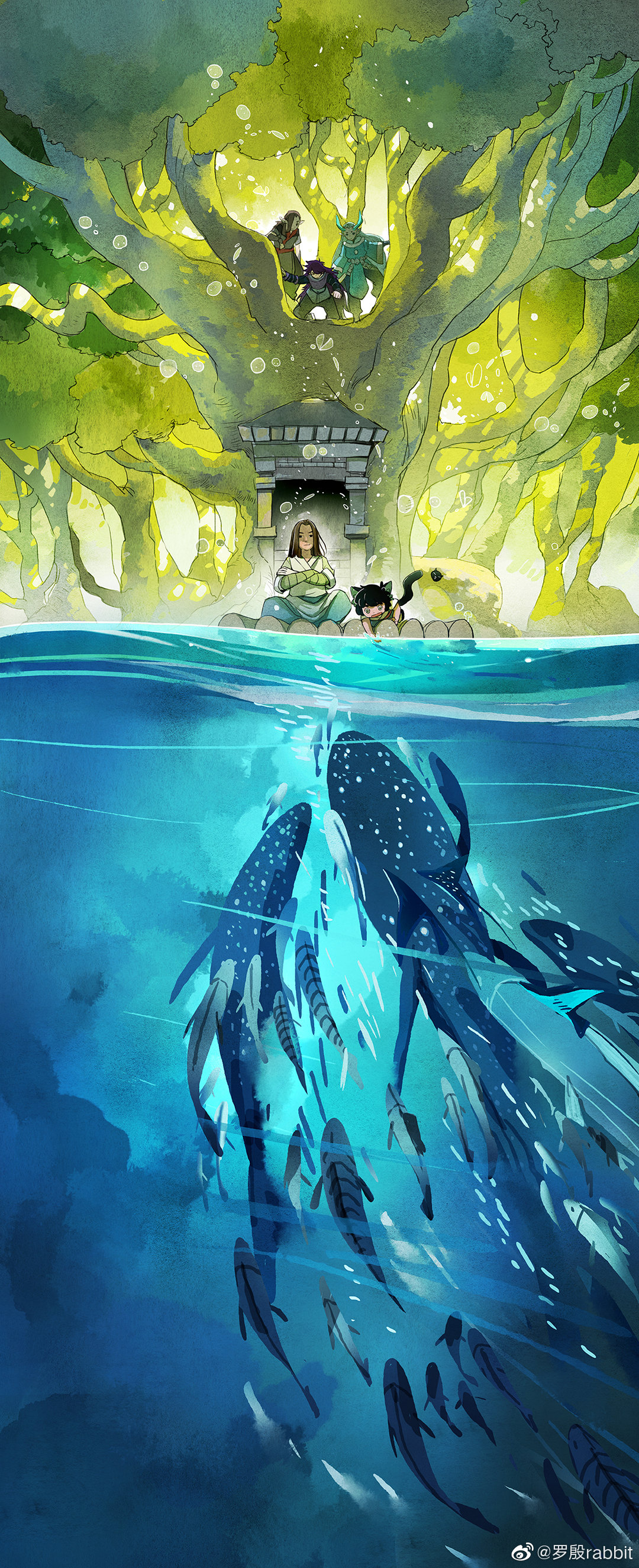 5boys, absurdres, black_hair, cat_boy, cat_tail, fengxi_(the_legend_of_luoxiaohei), fish, highres