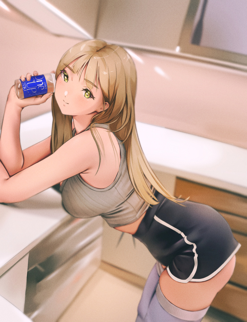 1girl, arm_rest, ass, black_shorts, blonde_hair, breasts, cabinet, counter