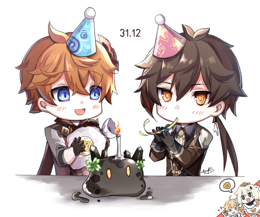2boys, 2girls, blonde_hair, blue_eyes, blush, candle, chachong_sama, chibi