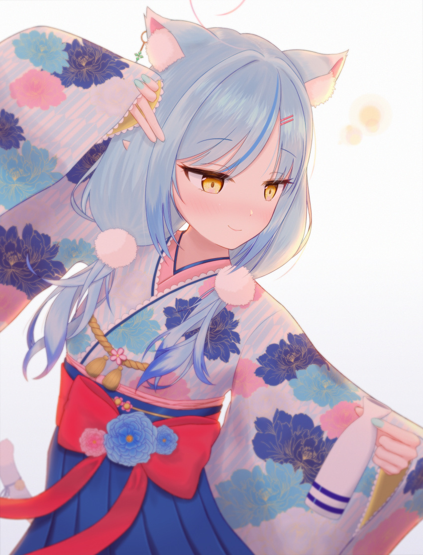 1girl, absurdres, ahoge, aimai_elegy_(deco27), animal_ears, bangs, blue_hair, blue_hakama