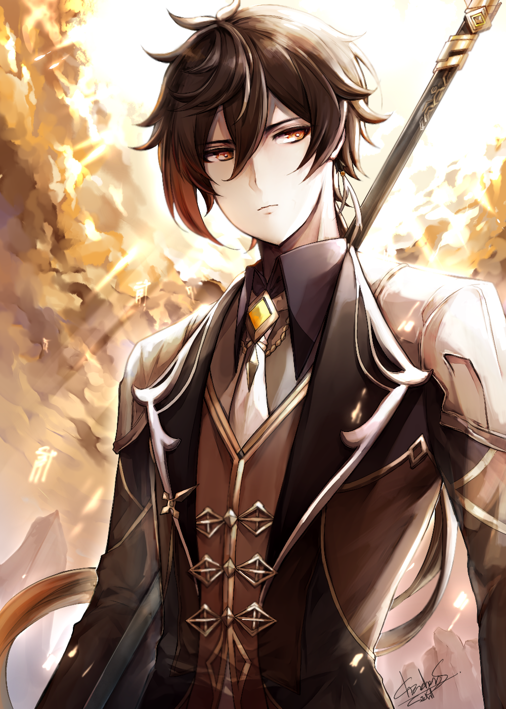 1boy, chachong_sama, collared_shirt, day, earrings, frown, genshin_impact, hair_between_eyes
