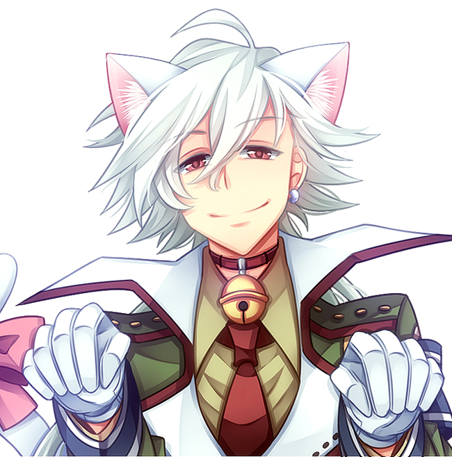1boy, ahoge, animal_ears, cat_boy, cat_ears, cat_tail, closed_eyes, collared_shirt, earrings, gabriel_kaburaya, gloves, jewelry, long_sleeves, male_focus, momofukki, paw_pose, pink_ribbon, ribbon, rose_guns_days, shirt, smile, solo, tail, tail_ornament, tail_ribbon, white_background, white_gloves, white_hair, white_tail, yellow_shirt