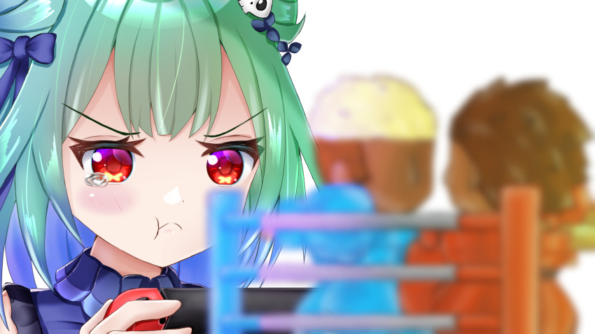 1girl, :t, absurdres, bangs, blue_shirt, blurry_foreground, blush, boxing