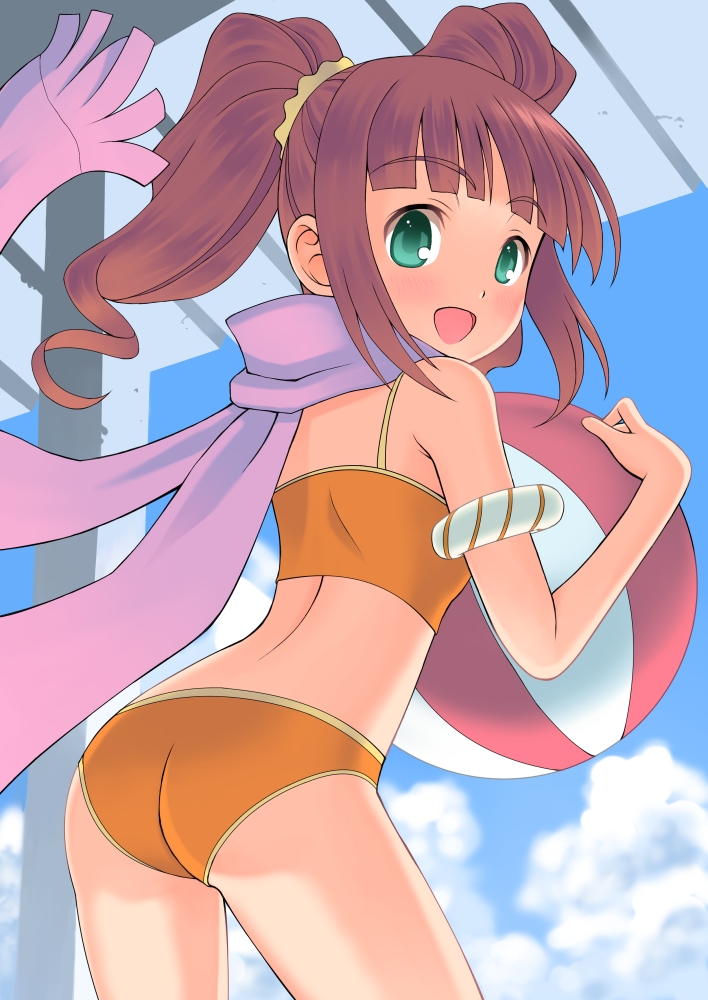 ass, ball, beachball, bikini, brown_hair, cloud, clouds, green_eyes