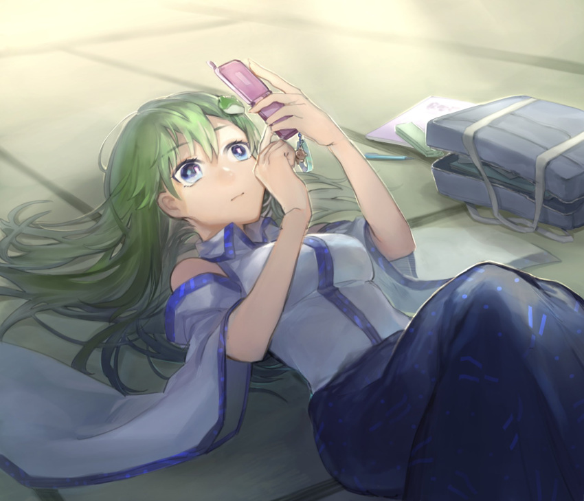 1girl, bag, bare_shoulders, blue_eyes, blue_skirt, breasts, cellphone, closed_mouth