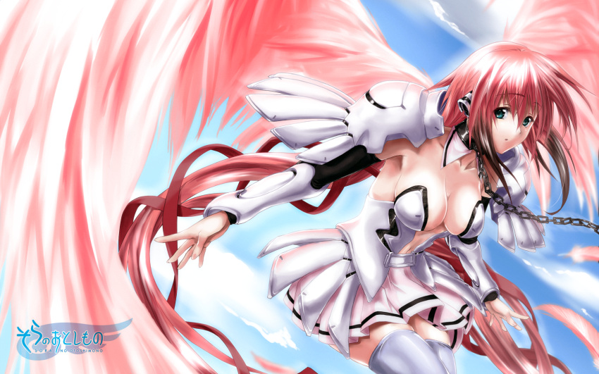 bare_shoulders, breasts, chain, chains, cleavage, collar, flying, green_eyes