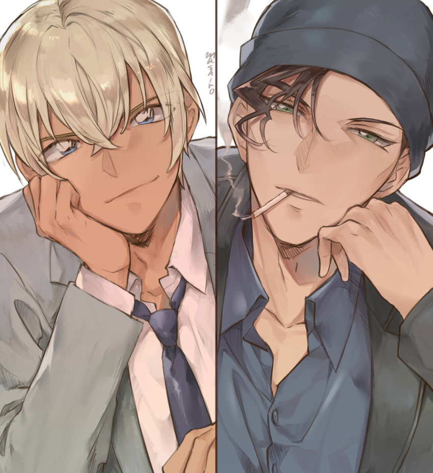 2boys, akai_shuuichi, amuro_tooru, bangs, beanie, black_hair, black_headwear, black_jacket