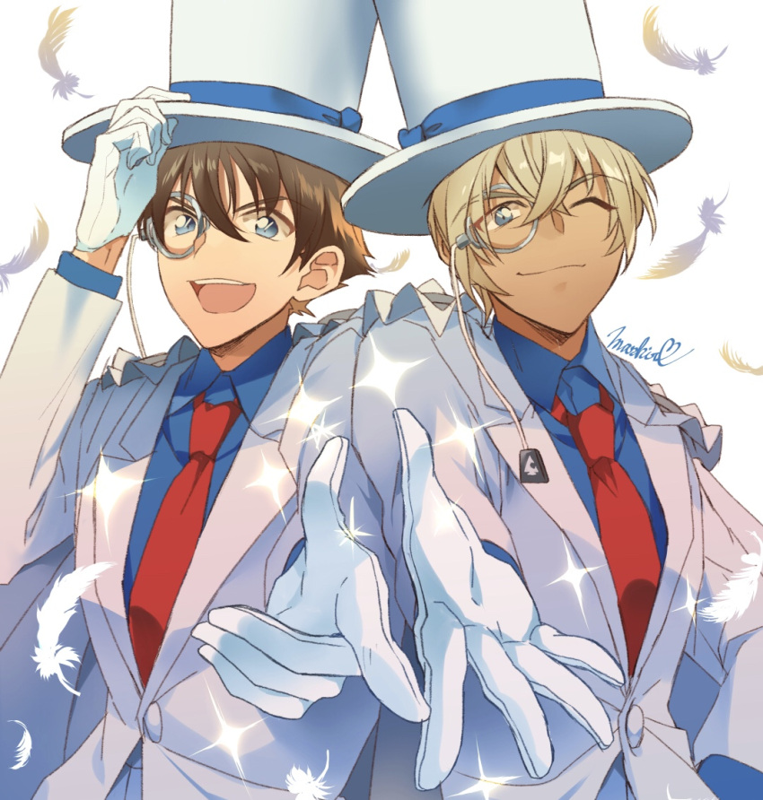 2boys, :d, ;), amuro_tooru, arm_up, bangs, blonde_hair, blue_eyes