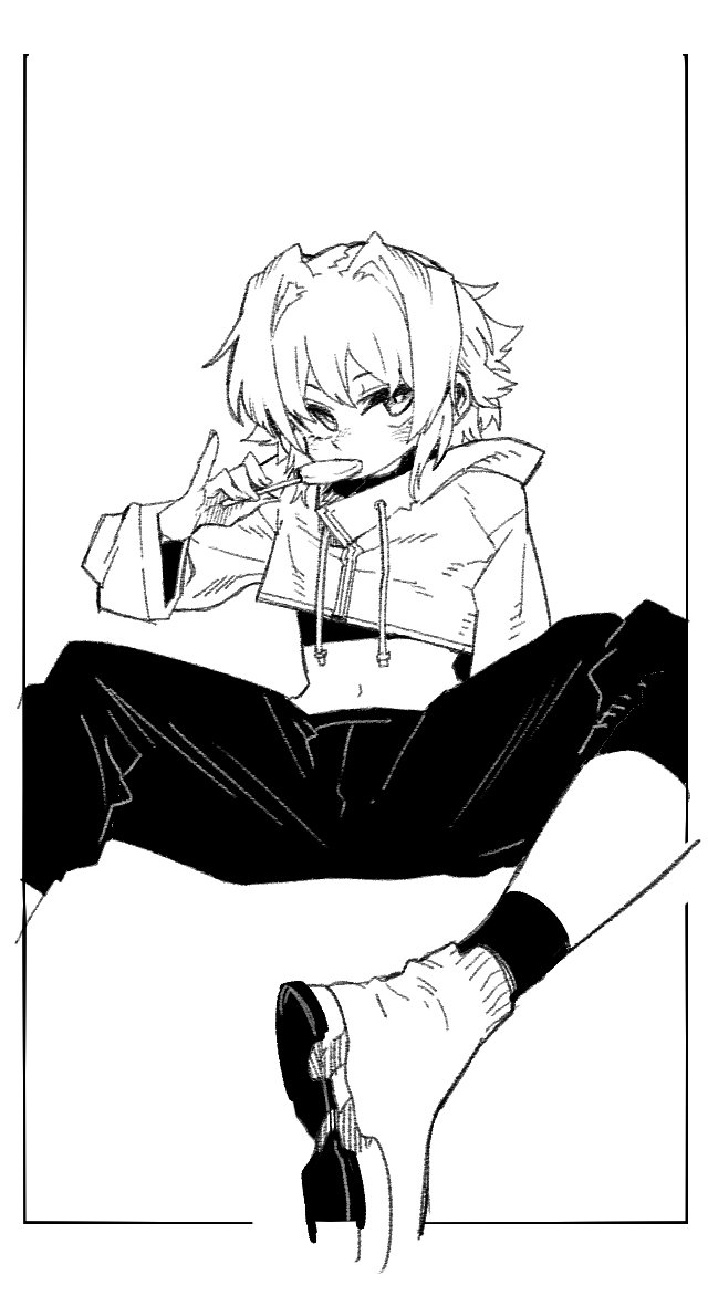 1boy, blush, boots, candy, food, greyscale, hood, hoodie